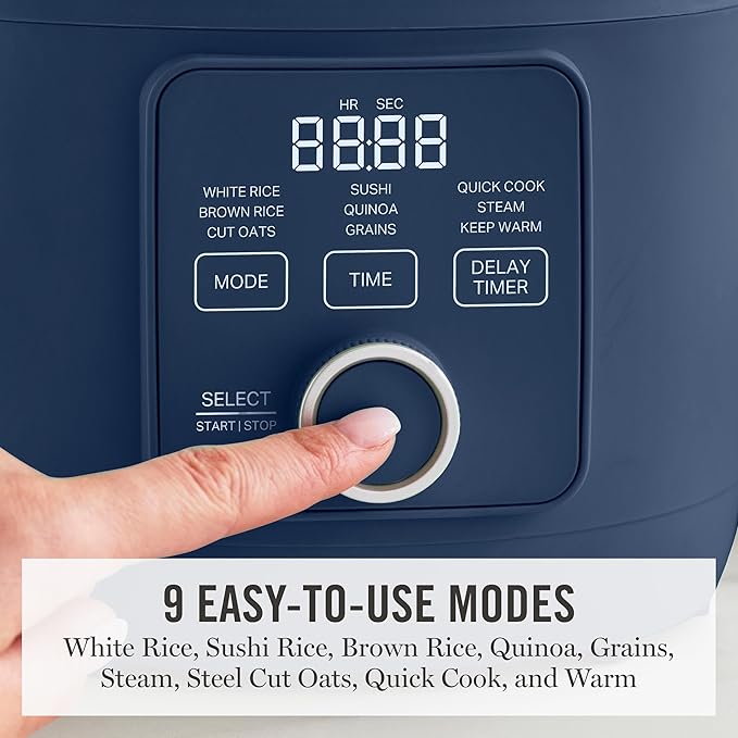 Martha Stewart Rice Cooker, 4 Cup (Uncooked) / 8 Cup (Cooked), Ceramic Non-Stick Removable Pot, Keep Warm, Measure Markings, Steam Basket, Brown & Sushi Rice, Quick Cook, Quinoa, Grains, Oats, Indigo Blue