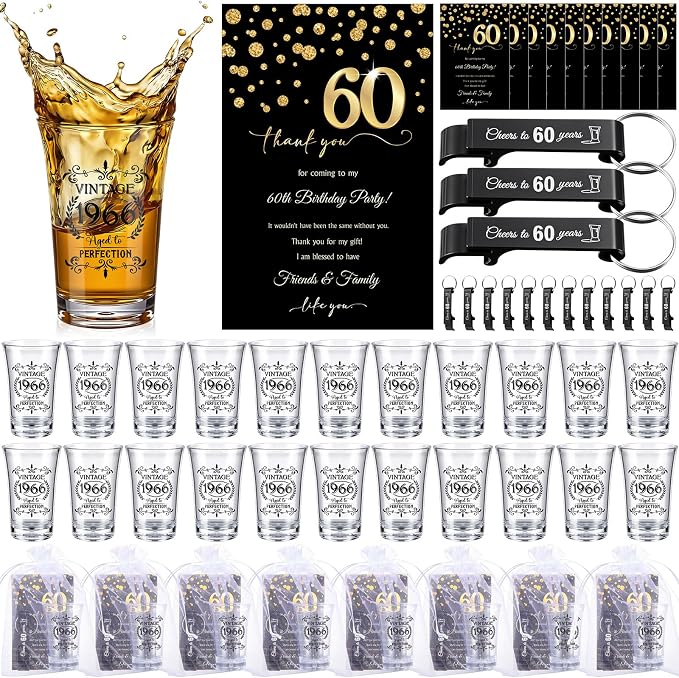 LemonRoad 50 Set 60th Birthday Party Favor for Guest Bulk, 1.4 oz Plastic Shot Glasses Cup, Cheers to 40/50/60/70/80 Years Beer Bottle Opener Keychain Thank You Card Gift Bag for Souvenir Party Gift