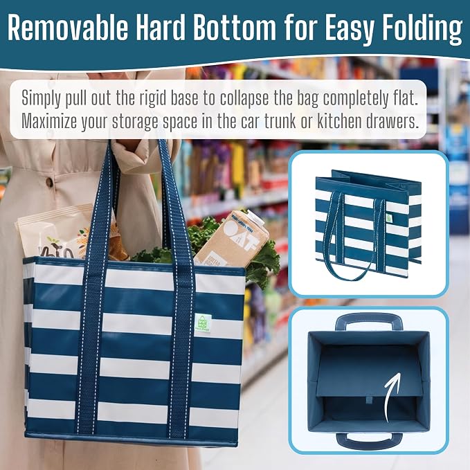 VENO 3 Pack Reusable Grocery Bags, Shopping Bags for groceries, Utility Tote with Handles and Hard Bottom, Foldable Shopping Cart Organizer, Heavy-Duty (Classic Navy, 6 Gallon-3 Pack)