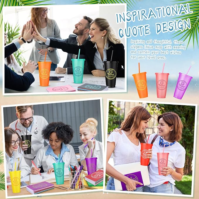 Feifeiya 72 Pcs/ 24 Set Bulk Mugs Gifts Set for Coworkers Employees 24 oz Tumbler with Lids and Straws Motivational Pens Inspirational Notepads Plastic Cup Gift for Staff Week Gift