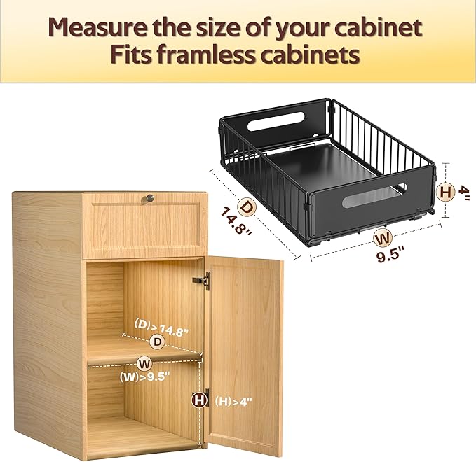 4 Pack Pull Out Cabinet Organizer, Pull out drawers for cabinets with EVA Adhesive Tape, Heavy Duty Sliding Kitchen Organizers and Storage, Suitable for Pantry, Bathroom, Bedroom