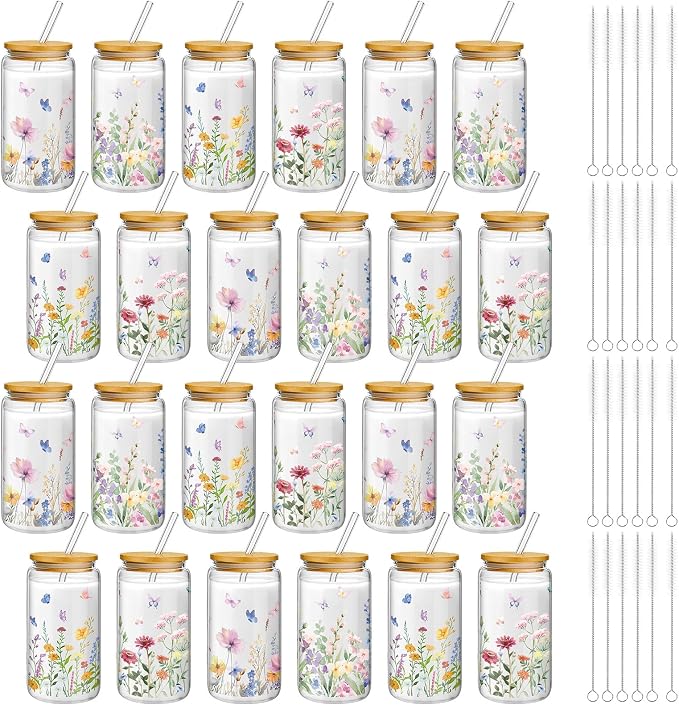 Mumufy 24 Pack Wildflower Glass Cups Gift Aesthetic Cute Glass Cup Tumbler Flower Iced Coffee Mugs 16 oz with Bamboo Lid & Straw, for Wedding Birthday Bridesmaid Mom Baby Shower
