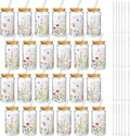 Mumufy 24 Pack Wildflower Glass Cups Gift Aesthetic Cute Glass Cup Tumbler Flower Iced Coffee Mugs 16 oz with Bamboo Lid & Straw, for Wedding Birthday Bridesmaid Mom Baby Shower