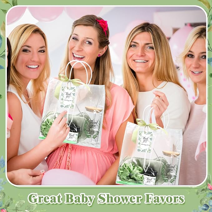 Reallnaive 43 Pcs Baby Shower Prizes for Player Winner Wedding Bridal Shower Favor Gifts Including Glass Cups Aromatherapy Candle Eye Mask Hair Band Greeting Card Pen Ribbon Gift Bag(Sage Style,Green)