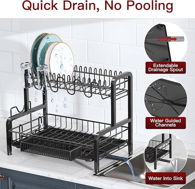 2 Tier Black Dish Drainer Drying Rack for Kitchen Counter, Large Stainless Steel Dishes Dryer with Drainboard, Space Saving, Big Rustproof Metal Modern Countertop Plates Strainer with Utensil Holder