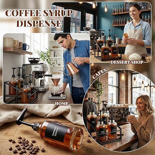 Coffee Bar Accessories, 4 Pack 16.9oz/500ml Coffee Syrup Dispenser with 1/4oz Pump, 2-tier Syrup Rack Organizer, Labels, Straw Brushes, Funnels for Kitchen Countertop, Wine, Dressing Storage