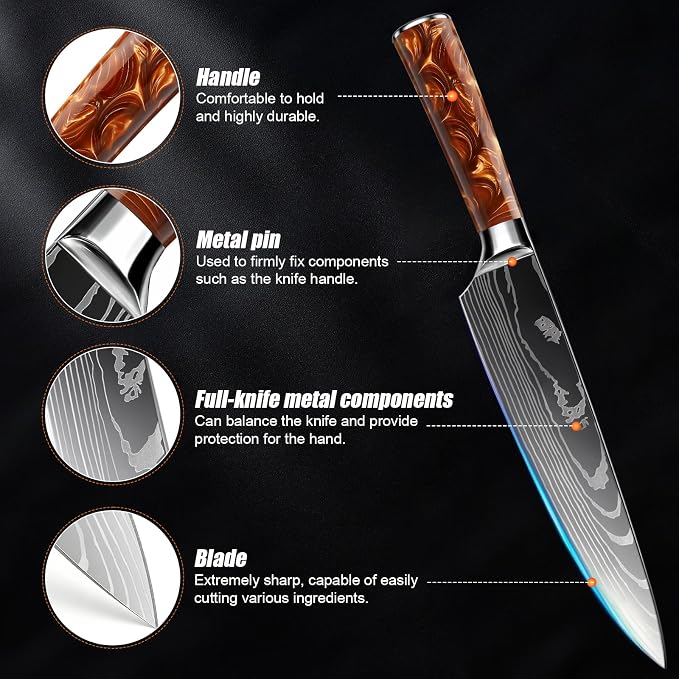 10-Piece Premium Japanese Kitchen Knife Set - Star Collection, Laser Damascus Pattern, 440A Stainless Steel Ultra Sharp for Fast Cutting (Red)