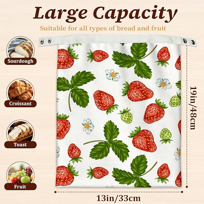 Bread Bags for Homemade Bread, Red Strawberries Leaves Flower 2 Pack Linen and Beeswax Sourdough Storage Bags, Reusable Keeper, Keeps Breads Fresh Longer, Gifts for Bakers