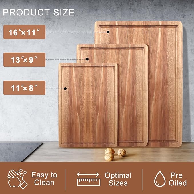Solid Wooden Cutting Board Set of 3 Acacia Wood Charcuterie Boards Set Hardwood Meat Chopping Board Butcher Blocks Safe Non Toxic Large Cutting Boards for Kitchen Decor Bread Serving Cheese Board