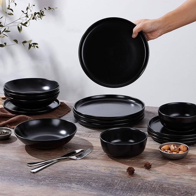 LIANYU 16 Piece Dinnerware Sets with Double Bowls for 4, Modern Ceramic Plates and Bowls Set, Kitchen Round Dinning Ware Dishware Set, Microwave and Dishwasher Safe, Black Onyx