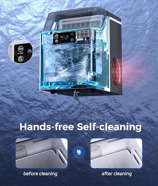 ecozy Portable Ice Cube Maker Countertop, 45 Lbs/Day, Self-Cleaning | Makes 24 ice cubes in just 13 mins, perfect for home, kitchen, bar, office and RV, stainless steel