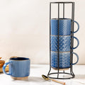 GBhome 12OZ Stackable Coffee Mugs with Stand, Ceramic Coffee Mugs with Texture Patterns for Man,Woman,Dad,Mom, Modern Coffee Cups Set of 4 for Latte/Cappuccino/Cocoa. Dishwasher&Microwave Safe, Blue