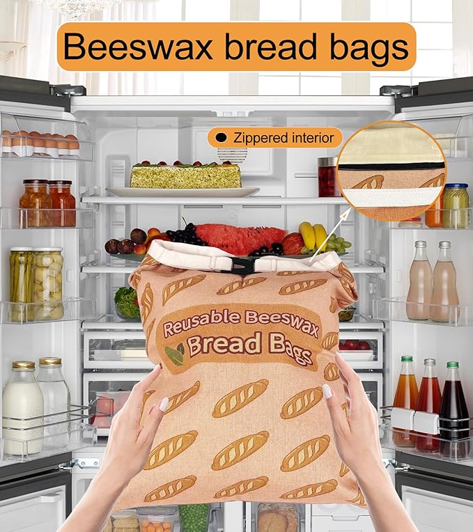 2 Pack Beeswax Bread Bags for Sourdough and Homemade Bread, Reusable Organic Linen Beeswax Bread Bag Eco-Friendly Fresh Food Storage, Moisture Lock– Freezer-Friendly with Sealing Zip (13x17in, XL)