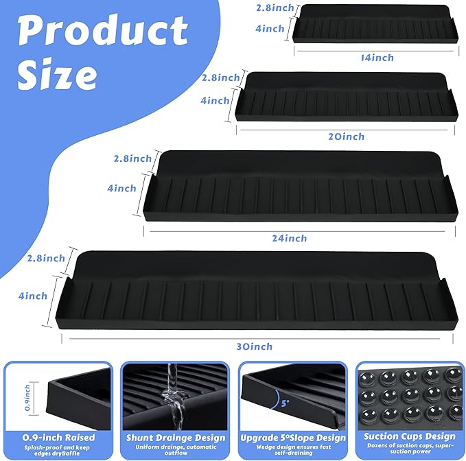 Silicone Sink Edge Protector 24", Kitchen Faucet Splash Guard with Suction Cups, Tilt and Cuttable Edge Guard, Multi-function Sink Accessories for Kitchen, Bathroom, Steel, Granite, Quartz Countertop