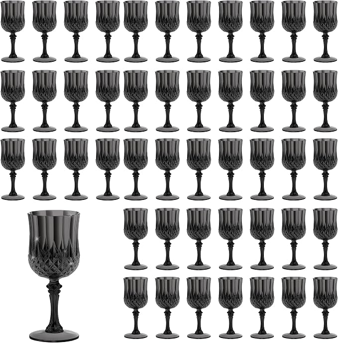 7OZ Plastic Wine Glasses, Reusable Vintage Goblets Unbreakable Drinking Glasses Crystal Water Cups Champagne for Wedding, Parties (48, Black)