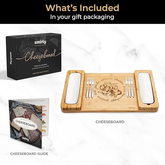 SMIRLY Charcuterie Board Set: Bamboo Rectangular Rustic Brown Cheese Board with Charcuterie Accessories & Round Fruit Tray - Perfect for Entertaining, Gifting, and Serving