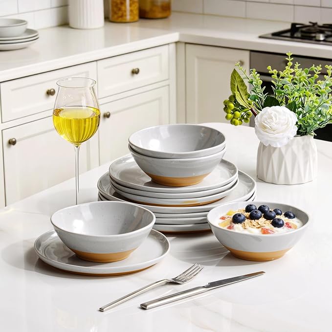 12-Piece Melamine Dinnerware Set for 4, Unbreakable Plates and Bowls, Dinner Dishes Set for Patio, RV and Camping, Dishwasher Safe