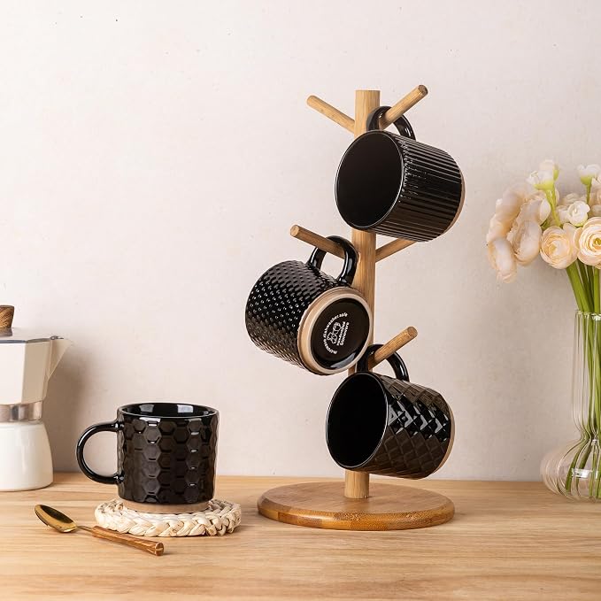 GBhome 6OZ Stackable Coffee Mugs, Ceramic Coffee Mugs with Texture Patterns for Man,Woman,Dad,Mom, Modern Coffee Cups Set of 4 for Espresso/Cappuccino/Cocoa. Dishwasher&Microwave Safe, Black