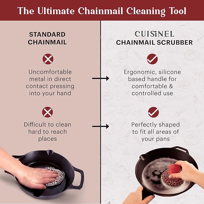 Cuisinel Cast Iron Chainmail Scrubber + Pan Scraper - Deluxe Ergonomic Stainless/Silicone Pot and Skillet Cleaner - Food-Safe Design - Easy to Clean Dishwasher Safe Cookware - Kitchen Sponge Accessory