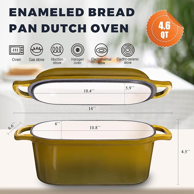 4.6 Quart Dutch Oven for Bread Baking, Combo Oval Enameled Cast Iron Bread Pan with Lid, Sourdough Bread Dutch Oven for a Crispy Crust, Olive