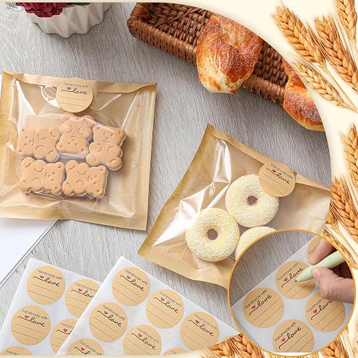Outus 50 Pcs Cookie Packaging Bags with Seal, 5.7 x 6.5 Inch Bakery Pastry Bags with Window, Heat Sealable Grease Resistant Paper to Go Bake Sleeves for Gift Giving Donut Bread Sandwich (Brown)