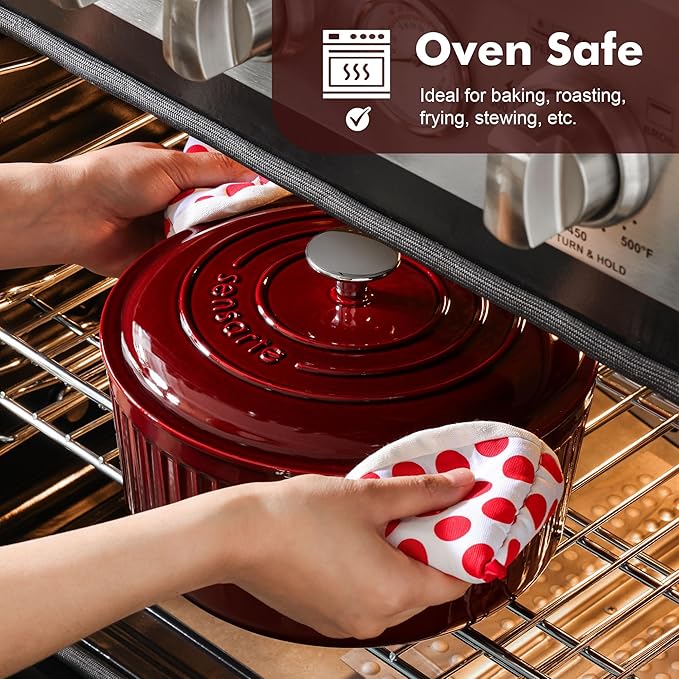 SENSARTE Enameled Cast Iron Dutch Oven Pot with Lid 3.5/5.5/6.5 Quart Heavy-Duty Round Dual Handles Kitchen Pot with Cotton Potholders & Silicone Trivet, Pot for Bread Baking, Stews, Braising, Roasting, Oven Safe, 6.5 Quart, Red