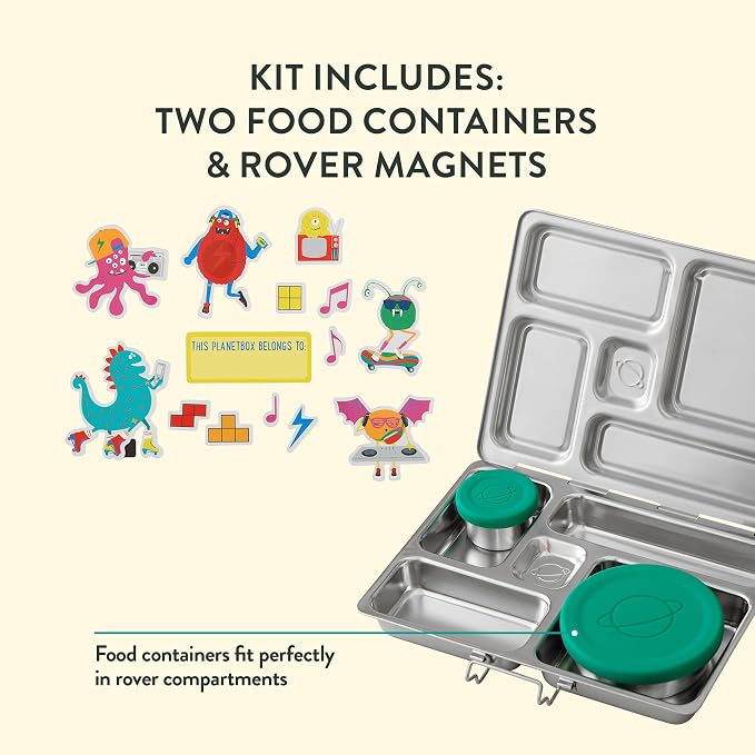 PlanetBox Rover Stainless Steel Bento Box Style Lunch Box Kit for Youth with 5 Compartments – Monster Beats Edition includes Insulated Lunch Bag, Leakproof Food Containers & Matching Magnets