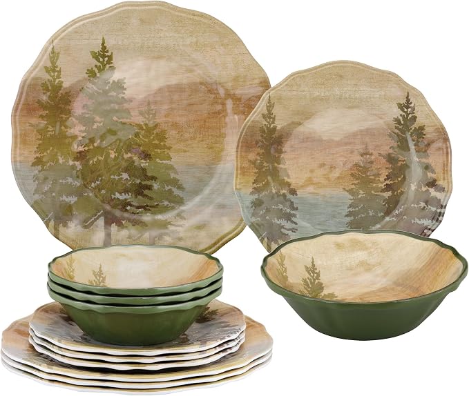 UPware 12 Piece Lakeside Pine Melamine Dinnerware Sets, Outdoor Dishes Set, Plates and Bowls Sets, Service for 4, Beige