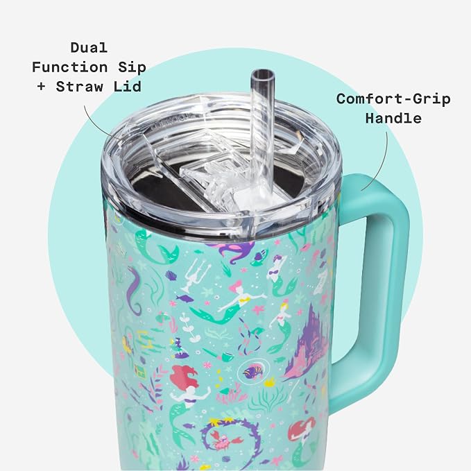 Corkcicle Cruiser Insulated Tumbler with Handle & Straw - Keeps Beverages Cold 20 Hours - Triple Insulated - Summer Drinkware Gift - Keeps Drinks Ice Cold - 40 oz - Princess Ariel