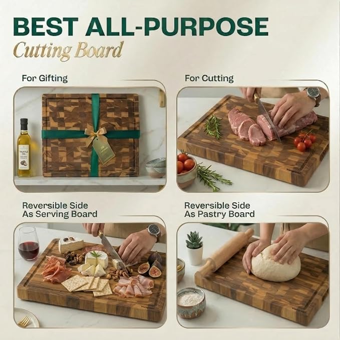 Teak Cutting Board for Kitchen – End Grain 17 x 13 x 1.5 Inch Medium Butcher Block with Juice Groove & Side Handles for Meat & Meal Prep