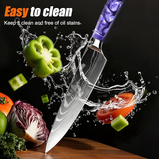5-Piece Premium Japanese Kitchen Knife Set - Star Collection, Laser Damascus Pattern, 440A Stainless Steel Ultra Sharp for Fast Cutting (Purple 5A)