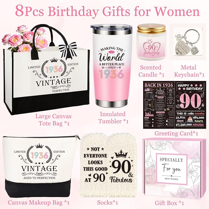90th Birthday Gifts for Women, Vintage 1936 Happy 90th Birthday Gifts Basket for Women Unique Gift Ideas for 90 Year Old Female, Mom, Wife, Grandma, Meaningful Birthday Gift Turning 90 Year Old