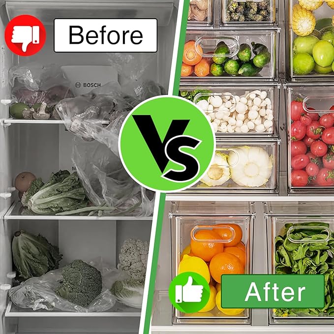Extra Large Refrigerator Organizer Bins with Pull-out Drawer, Stackable Clear Bins with 3 Dividers, Pantry Organization and Food Storage