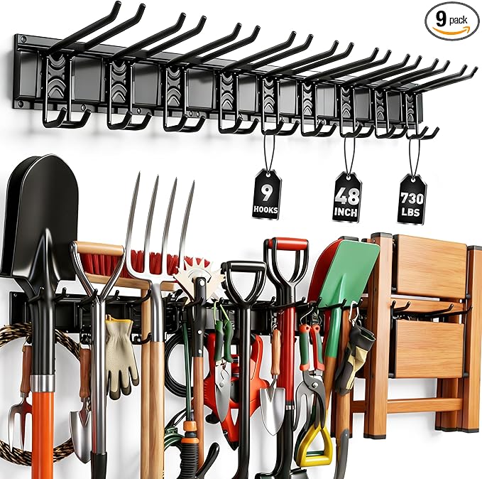ELEAD 9-Pairs Heavy Duty Garage Tool Organizer Wall Mount Hooks, 48 Inches 730 lbs Garden Tool Organizer with Adjustable Hooks, Yard Tools Organizers for Garden, Yard, and Shed