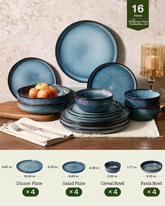 Famiware Milkyway Stoneware Dinnerware Set, 16-Piece, Including Pasta Bowl, Double Reactive Glaze, Plates and Bowls, Service for 4, Microwave and Dishwasher Safe, Scratch-Resistant, Dusty Blue