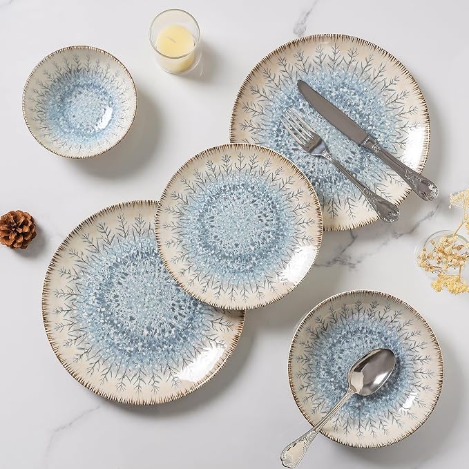 DOMICREVERY Ceramic Dinnerware Sets for 6, 24 pcs Plates and Bowls Sets, Blue Branch