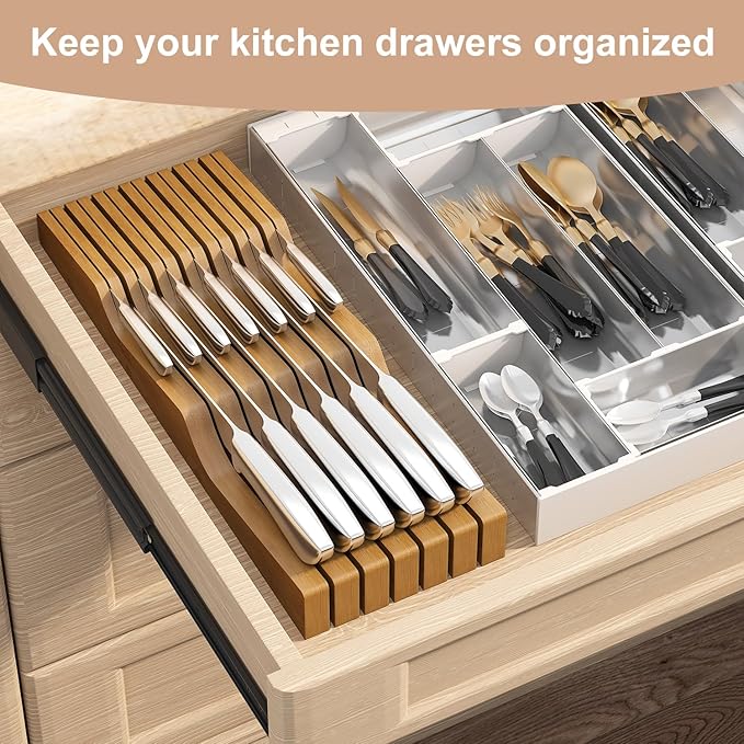 In-Drawer Knife Block Organizer - Bamboo Wood Drawer Knife Organizer-Protecting Knife Organizer Block (Not Included) (Brown, 13 Knives Dock)