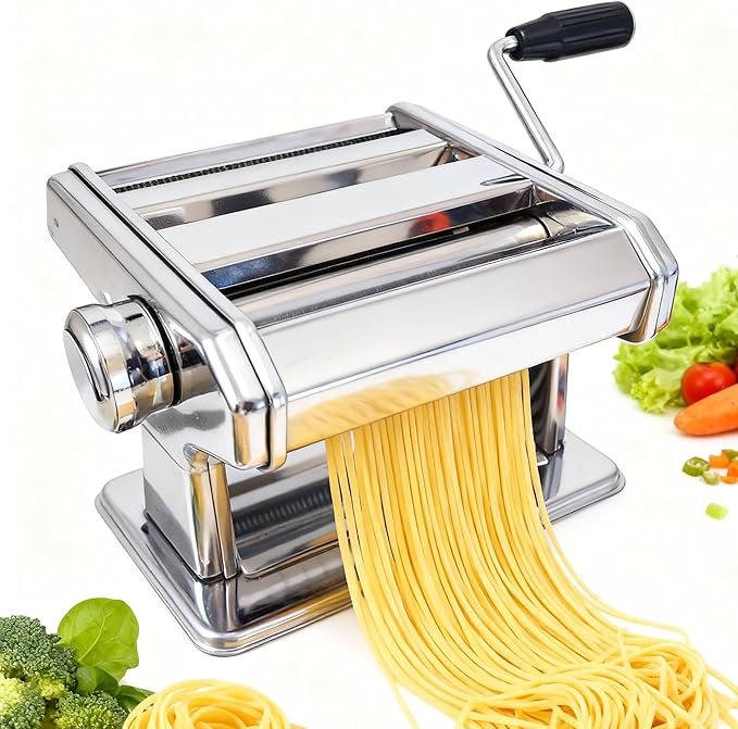 Pasta Maker Machine With 7 Adjustable Thickness Settings, Stainless Steel Manual Noodle Maker,Pasta Roller& Cutters With Removable Handle and Clamp For Kitchen (All-in-One -180)