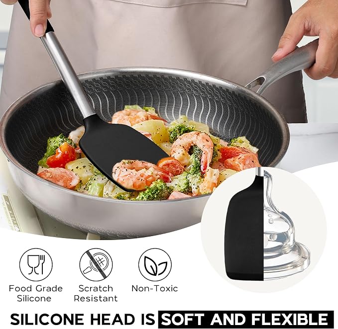 Onader 15 Pcs Silicone Cooking Utensils Set with Holder and Heat Resistant Stainless Steel Handle, with 10 Inch Non-Stick Fluted Tube Pan for Baking Pound Cake, Black