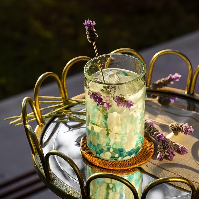 15 oz Hand Blown Mexican Drinking Glasses - Set of 6 tumblers, 15 fl oz each, Ocean Blue Confetti