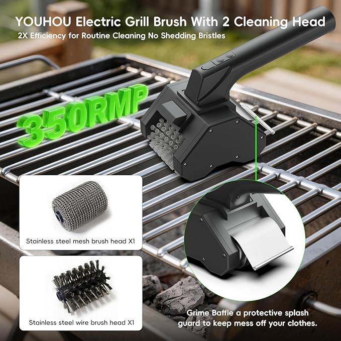 2026 Upgraded Electric Grill Cleaner,Electric Grill Brush for Outdoor Grill,Electric BBQ Grill Brush with 2 Brush Head,BBQ Grill Cleaner Up to 350 RPM Speed,Grill Cleaner Tool for Men/Dad