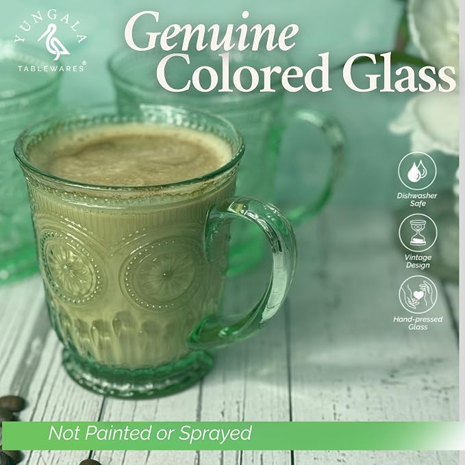 Green Glass Coffee Cups - Set of 4 Vintage Coffee Mugs – 10oz Vintage Tea Cups, Pastel Apple Green Aesthetic Mug Set, Unique Tea Cup Glass with Sunflower Design, Dishwasher Safe, Lead-Free