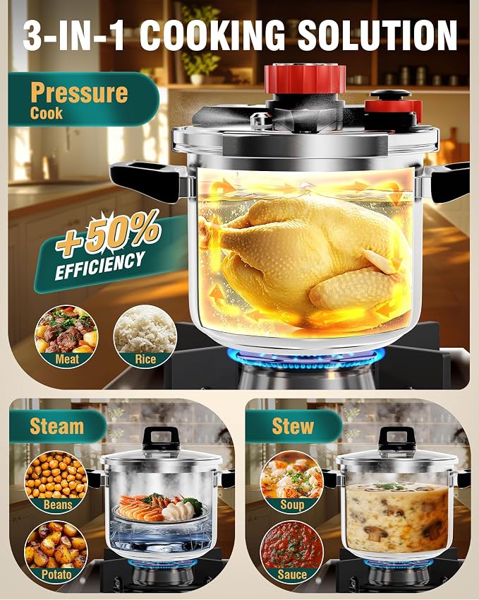 WantJoin 8Qt Pressure Cooker - 3-In-1 Stainless Steel Pressure Canner Compatible with Gas & Induction Cooker,Protective Devices,Canner Rack Included