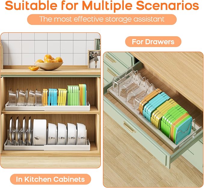 Nigelia 2 Pack Pots and Pans Organizer for Under Cabinet, 22" Expandable Food Storage Container Lid Organizers with 10 Adjustable Dividers Pot Lid Holders Rack Inside Cabinet&Kitchen Countertop(White)