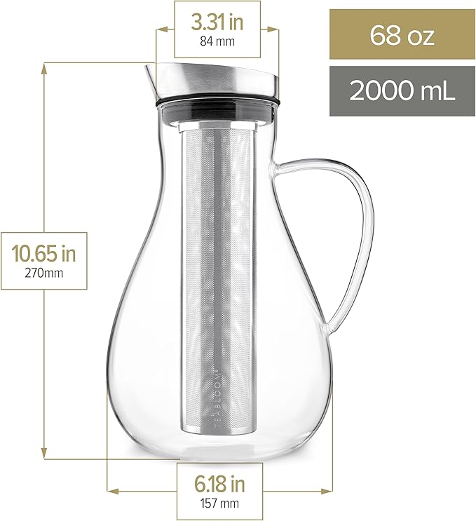 Teabloom Large Multi-Brew Glass Teapot + Kettle + Pitcher (68 OZ / 2.0 L / 8 CUPS) – Brew and Serve Hot Tea, Iced Tea, Cold Brew Tea and Fruit Infused Water – Silhouette Tea Maker