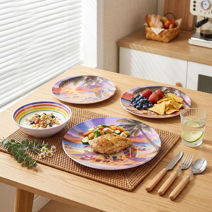 12 Piece Melamine Plates and Bowls Set, Beach Sunset | Melamine Dinnerware Set，Service for 4, Unbreakable, Stackable & Lightweight, Indoor & Outdoor Us