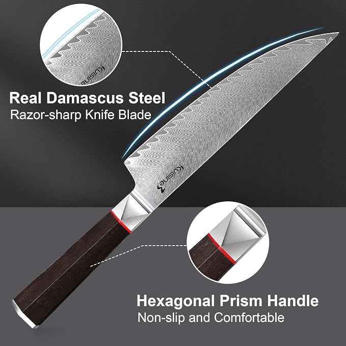 Kuisine Kitchen Knife Set,Damascus Steel Ultra Sharp, Ergonomic Non-slip Wood Handle, Chef Knife Block Set with Built-in Sharpener,Luxury Gift for Holiday(Silver, 12PCS)