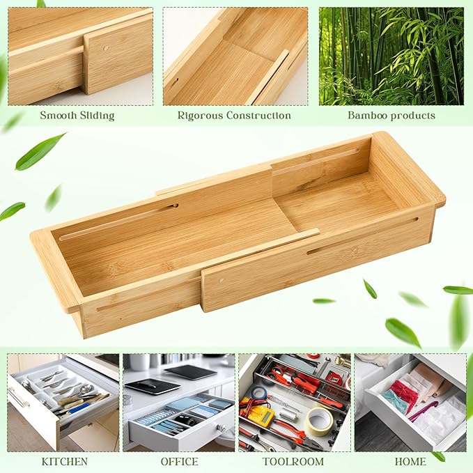 LemonRoad 2 Pcs Sliding Drawer Organizer Bin Bamboo Drawer Expandable Bins Utensil Organizer for Kitchen Spoons Forks Knives (Wood)