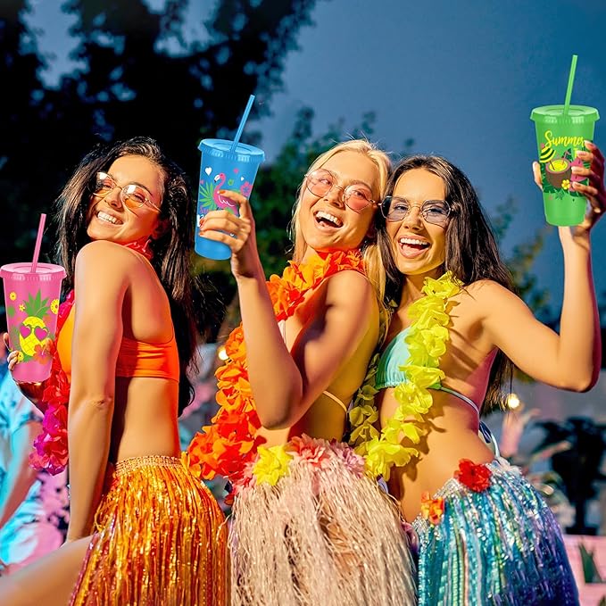 Kochorie 24 Pieces Hawaiian Plastic Cups with Lids and Straws 24 oz Reusable Party Cups Tumblers Bulk Iced Coffee Drinking Cups Water Bottle Travel Mug for Birthday