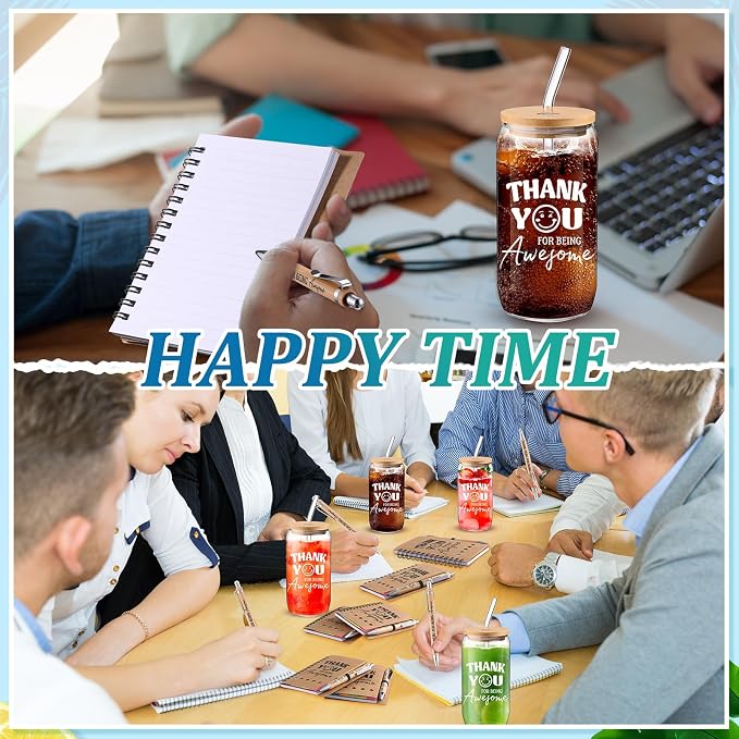 Skylety 12 Set Back to School Teacher Gift Bulk Thank You for Being Awesome Staff Appreciation Gifts 16 oz Glass Cups with Lids Straws Spiral Notebooks Note Pens for Employee Team Coworker Nurse